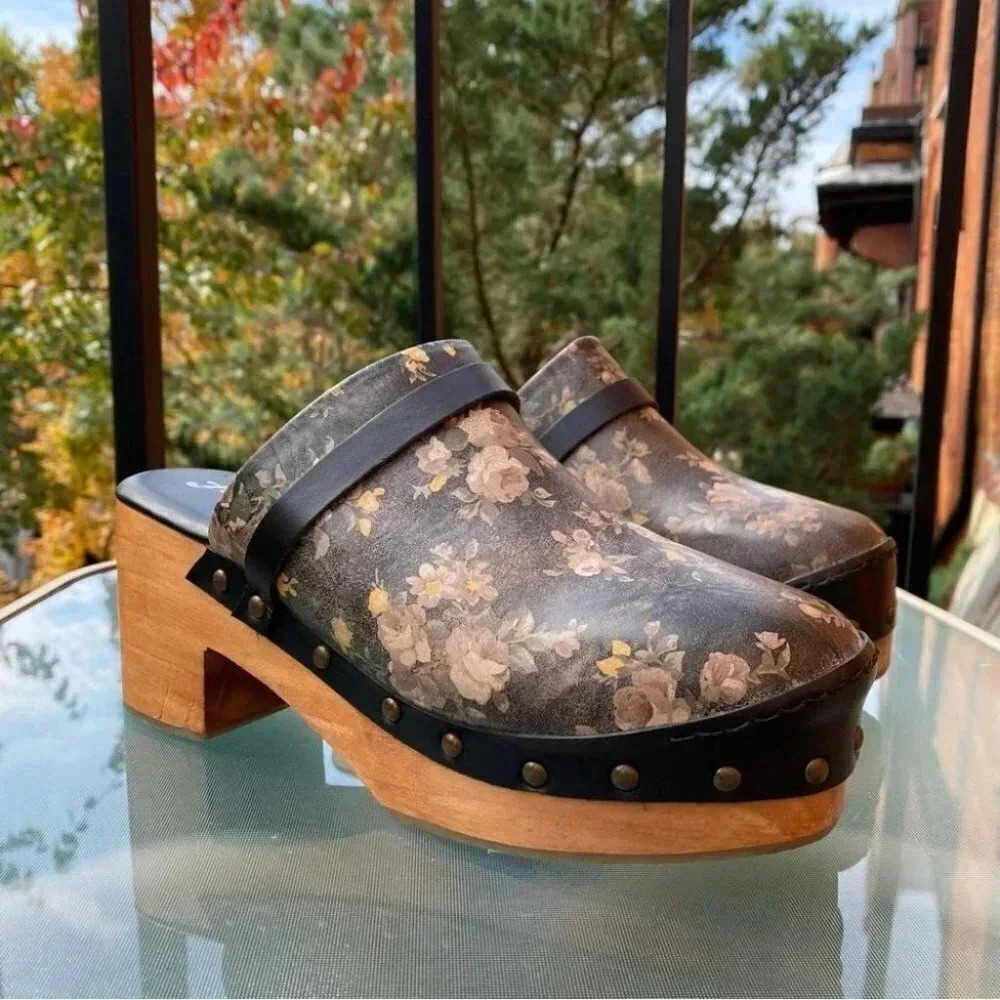 New Free People Calabasas Floral Wooden Clogs Black Womens 7 - Picture 4 of 15